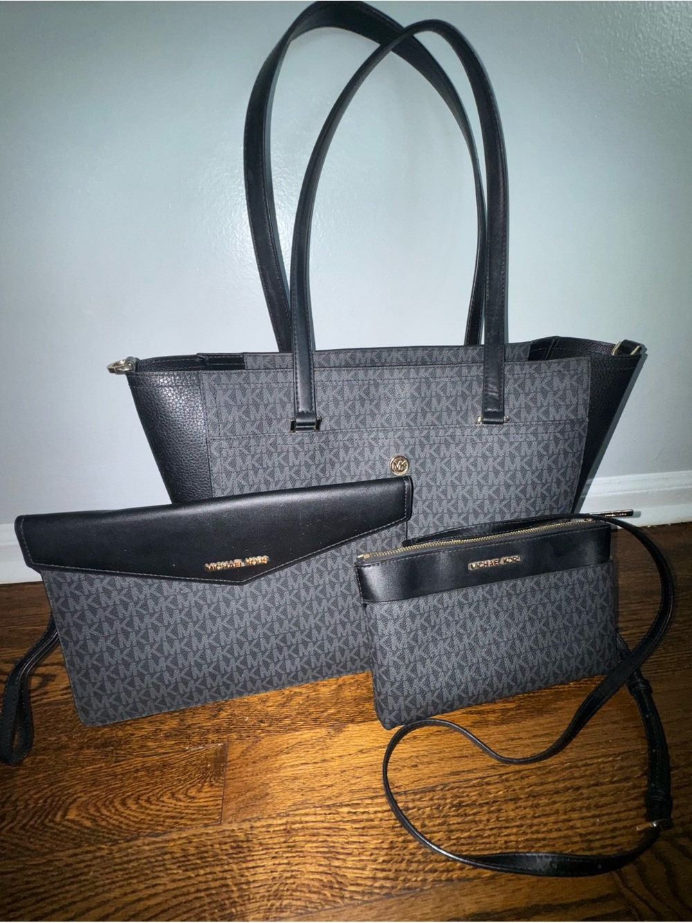 Michael Kors Black MK Logo Tote with Matching Pouches